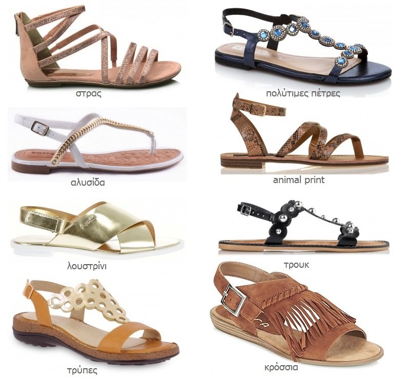 σανδάλια στρασάκια πέτρες πέρλες αλυσίδα animal print λουστρίνια τρουκ κρόσσια τρύπες